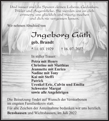 Traueranzeige von Ingeborg Güth von Südthüringer Presse