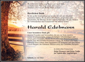 Traueranzeige von Harald Edelmann von Südthüringer Presse