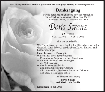 Traueranzeige von Doris Stranz von Südthüringer Presse