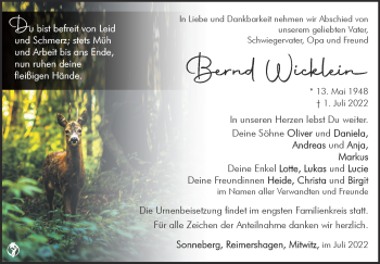Traueranzeige von Bernd Wicklein von Südthüringer Presse