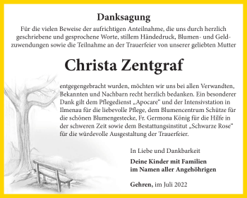 Traueranzeige von Christa Zentgraf von Südthüringer Presse