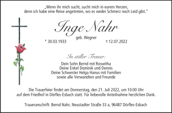 Traueranzeige von Inge Nahr von Neue Presse Coburg