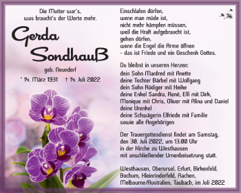 Traueranzeige von Gerda Sondhauß von Südthüringer Presse