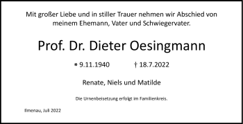 Traueranzeige von Dieter Oesingmann von Südthüringer Presse