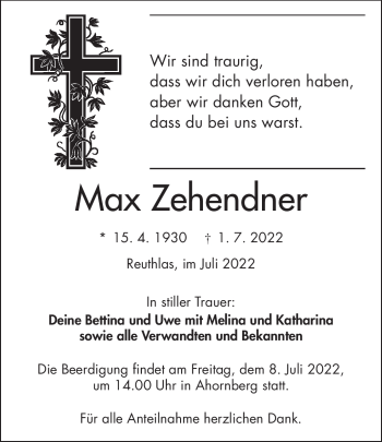 Traueranzeige von Max Zehendner von Frankenpost