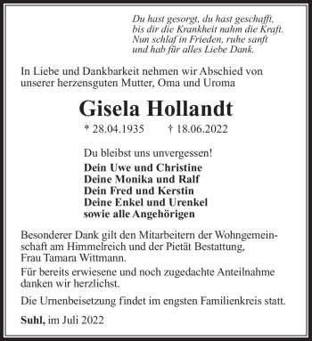 Traueranzeige von Gisela Hollandt von Südthüringer Presse