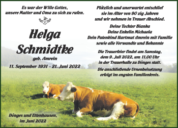 Traueranzeige von Helga Schmidtke von Südthüringer Presse