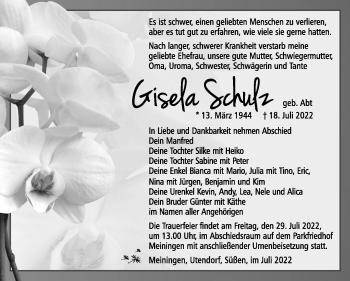 Traueranzeige von Gisela Schulz von Südthüringer Presse