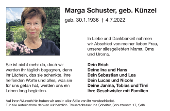 Traueranzeige von Marga Schuster von Frankenpost