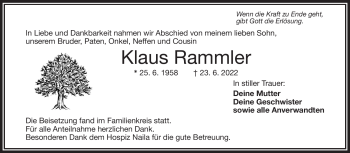 Traueranzeige von Klaus Rammler von Frankenpost