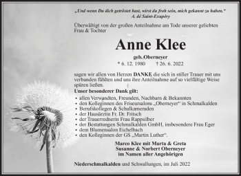 Traueranzeige von Anne Klee von Südthüringer Presse