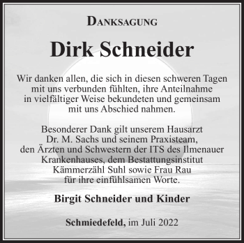 Traueranzeige von Dirk Schneider von Südthüringer Presse