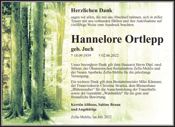 Traueranzeige von Hannelore Ortlepp von Südthüringer Presse