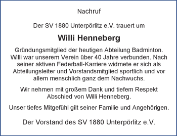 Traueranzeige von Willi Henneberg von Südthüringer Presse