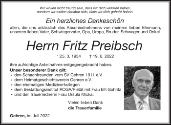 Traueranzeige von Fritz Preibsch von Südthüringer Presse