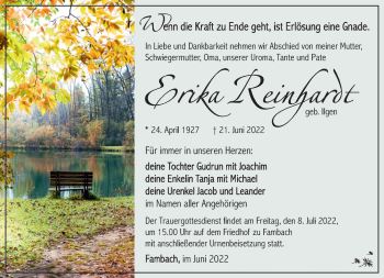 Traueranzeige von Erika Reinhardt von Südthüringer Presse