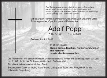 Traueranzeige von Adolf Popp von Frankenpost