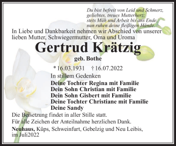 Traueranzeige von Gertrud Krätzig von Südthüringer Presse