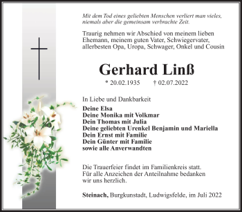 Traueranzeige von Gerhard Linß von Südthüringer Presse