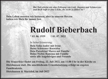 Traueranzeige von Rudolf Bieberbach von Südthüringer Presse