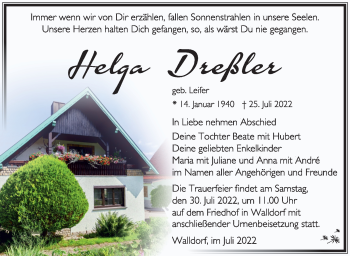 Traueranzeige von Helga Dreßler von Südthüringer Presse