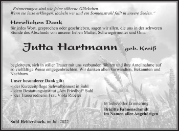 Traueranzeige von Jutta Hartmann von Südthüringer Presse