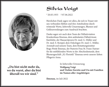 Traueranzeige von Silvia Voigt von Südthüringer Presse