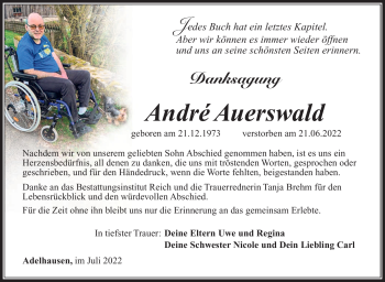 Traueranzeige von Amdré Auerswald von Südthüringer Presse