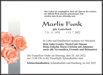 Traueranzeige von Marlis Funk von Südthüringer Presse