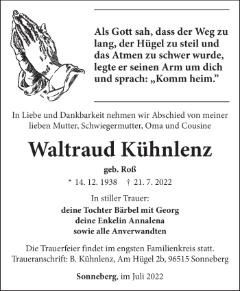 Traueranzeige von Waltraud Kühnlenz von Südthüringer Presse