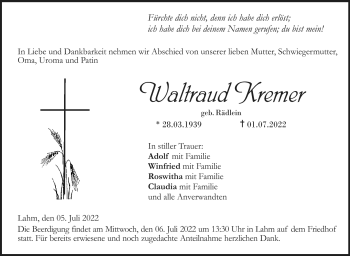 Traueranzeige von Waltraud Kremer von Neue Presse Coburg