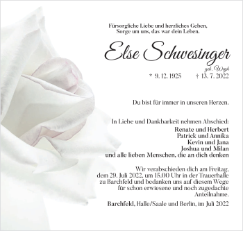 Traueranzeige von Else Schwesinger von Südthüringer Presse