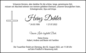 Traueranzeige von Heinz Dehler von Neue Presse Coburg