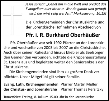 Traueranzeige von Burkhard Oberhäußer von Frankenpost