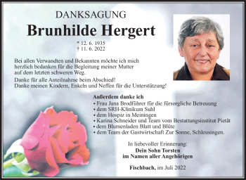 Traueranzeige von Brunhilde Hergert von Südthüringer Presse