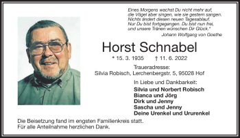 Traueranzeige von Horst Schnabel von Frankenpost
