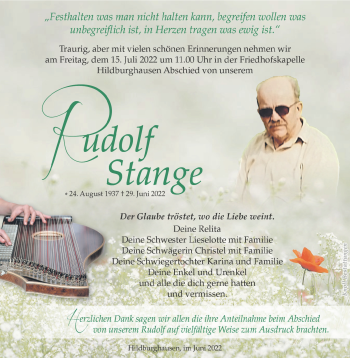 Traueranzeige von Rudolf Stange von Südthüringer Presse