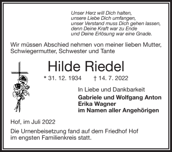 Traueranzeige von Hilde Riedel von Frankenpost