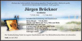 Traueranzeige von Jürgen Brückner von Südthüringer Presse