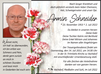 Traueranzeige von Armin Schneider von Südthüringer Presse