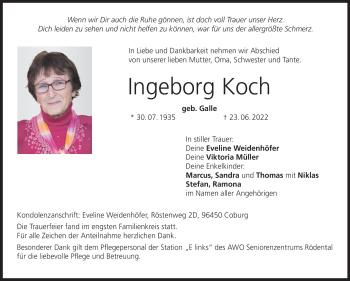 Traueranzeige von Ingeborg Koch von Neue Presse Coburg