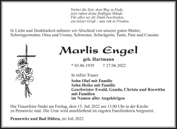 Traueranzeige von Marlis Engel von Südthüringer Presse