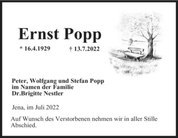 Traueranzeige von Ernst Popp von Südthüringer Presse