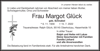 Traueranzeige von Margot Glück von Frankenpost
