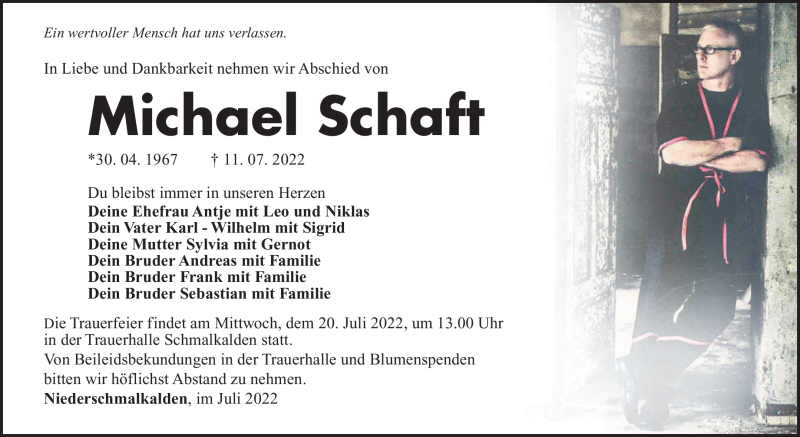  Traueranzeige für Michael Schaft vom 16.07.2022 aus Südthüringer Presse