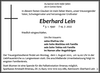 Traueranzeige von Eberhard Lein von Südthüringer Presse