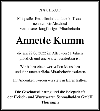 Traueranzeige von Annette Kumm von Südthüringer Presse