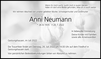 Traueranzeige von Anni Neumann von Neue Presse Coburg