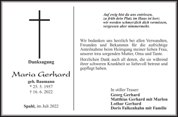 Traueranzeige von Maria Gerhard von Südthüringer Presse