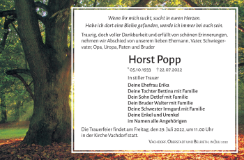 Traueranzeige von Horst Popp von Südthüringer Presse